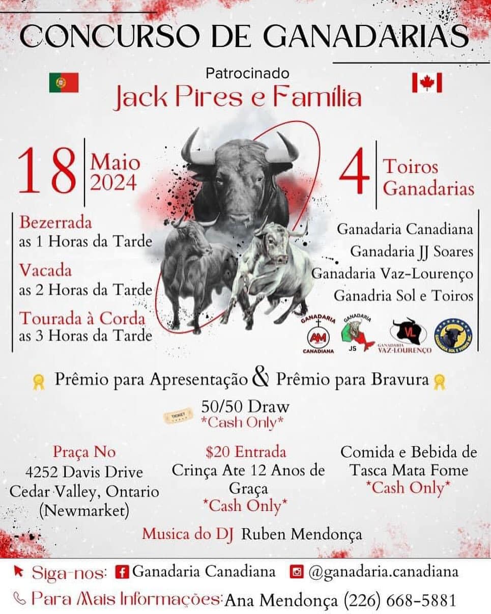 Poster for 'Concurso de Ganadarias', featuring a traditional Portuguese bull run and livestock competition on May 18, 2024, in Cedar Valley, Ontario.