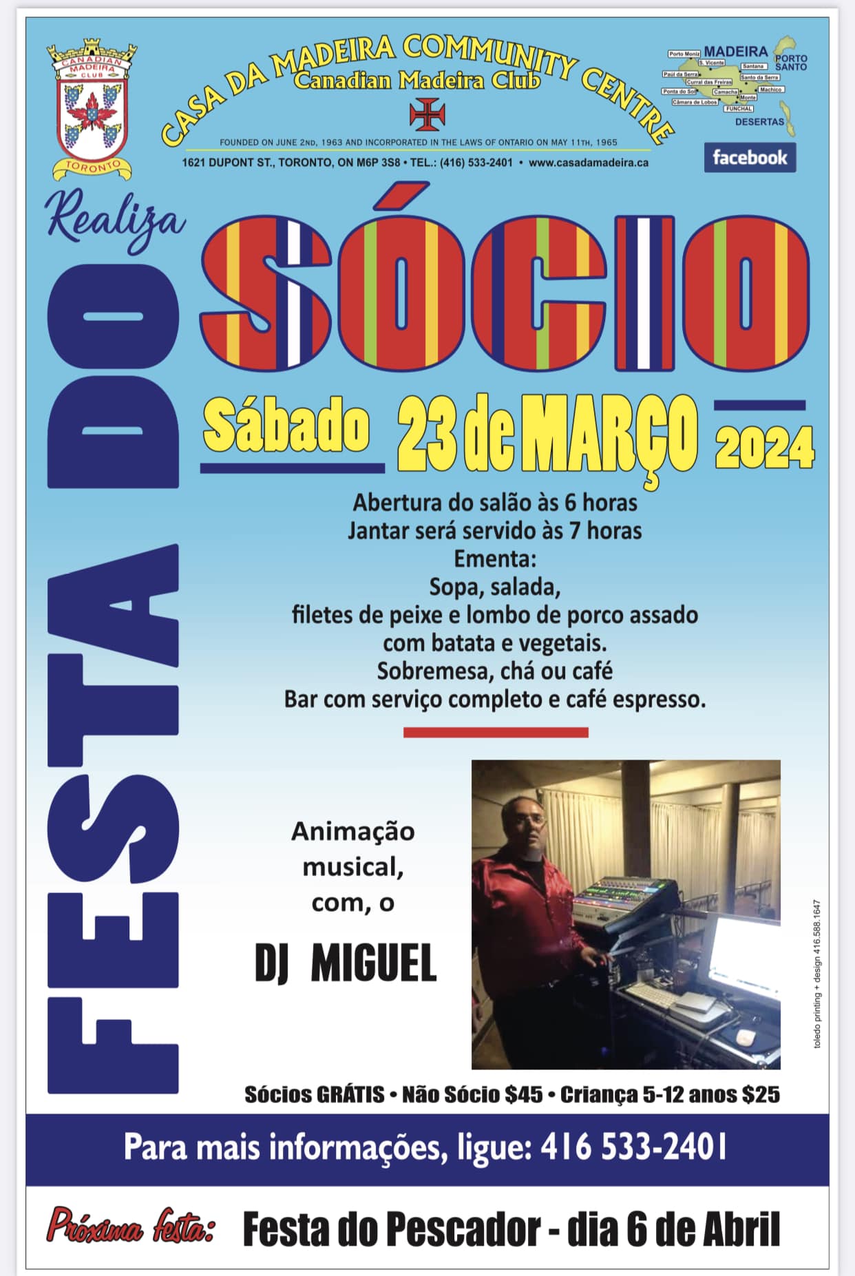 Casa da Madeira's Festa do Sócio event poster with details of a cultural celebration featuring Portuguese cuisine and music by DJ Miguel.