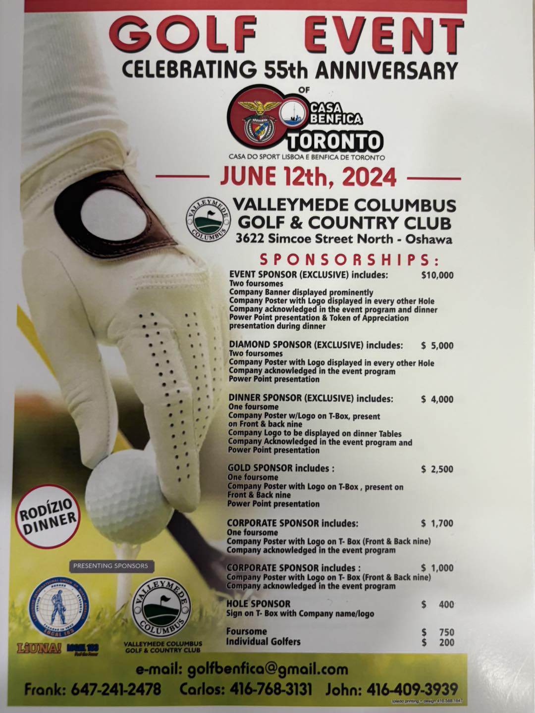 Casa do Benfica Toronto 55th Anniversary Golf Tournament flyer with sponsorship tiers and Rodizio dinner details, June 12, 2024, at Valleymede Columbus Golf Club.