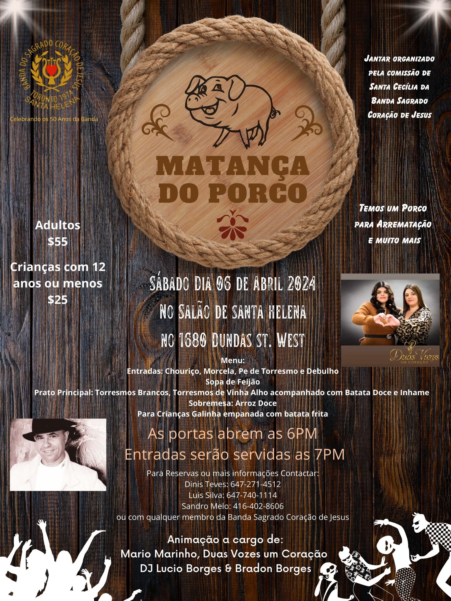 Event poster for 'Matança do Porco' by the Sagrado Coração de Jesus Band, featuring traditional Portuguese cuisine, music, and an auction in Toronto