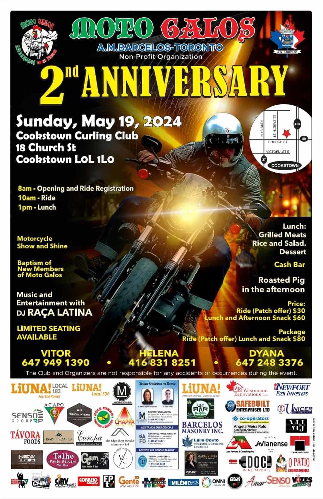 Moto Galos 2nd Anniversary event poster for the Portuguese community in Ontario, featuring motorcycle show and DJ Raça Latina.