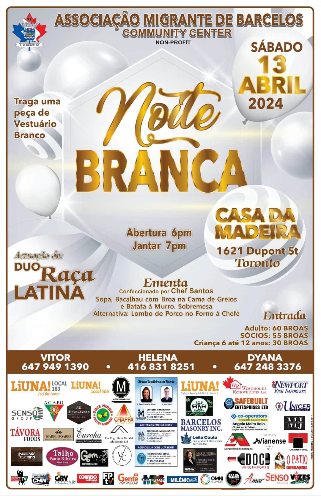 Noite Branca event poster by Associação Migrante de Barcelos featuring a white-themed dinner, traditional Portuguese food, and live music at Casa da Madeira.