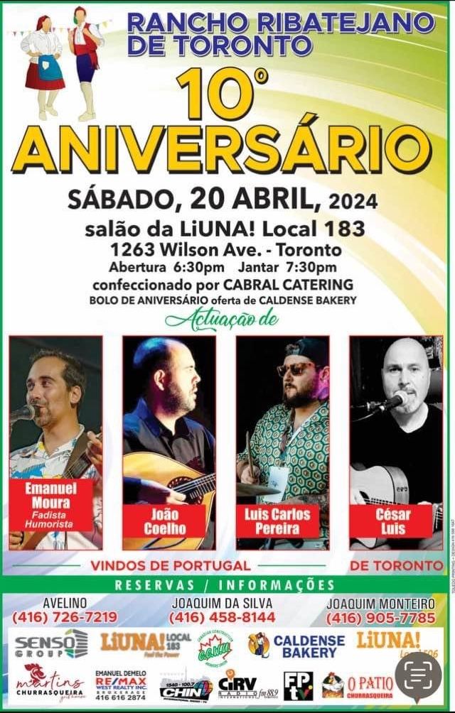 Poster for Rancho Ribatejano de Toronto 10th Anniversary Event featuring traditional Portuguese dancers and musicians on 20th April 2024 in Toronto