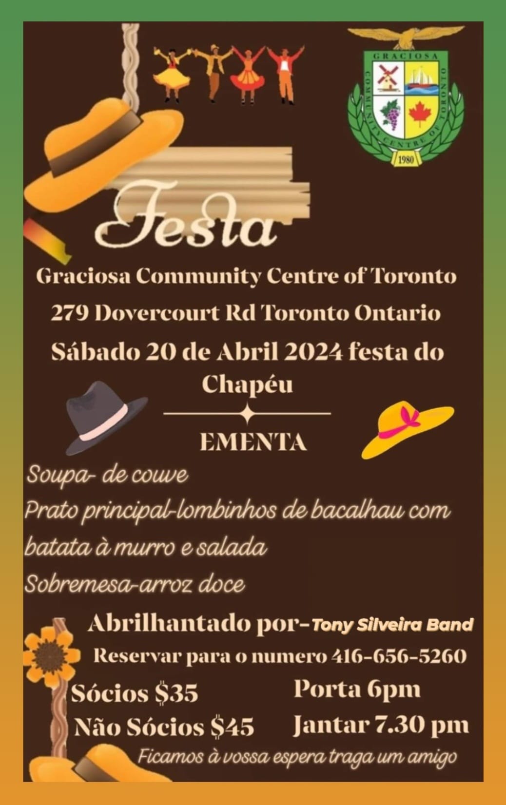 Event poster for 'Festa do Chapéu' at Graciosa Community Centre, Toronto, featuring traditional Portuguese dance and cuisine on April 20, 2024