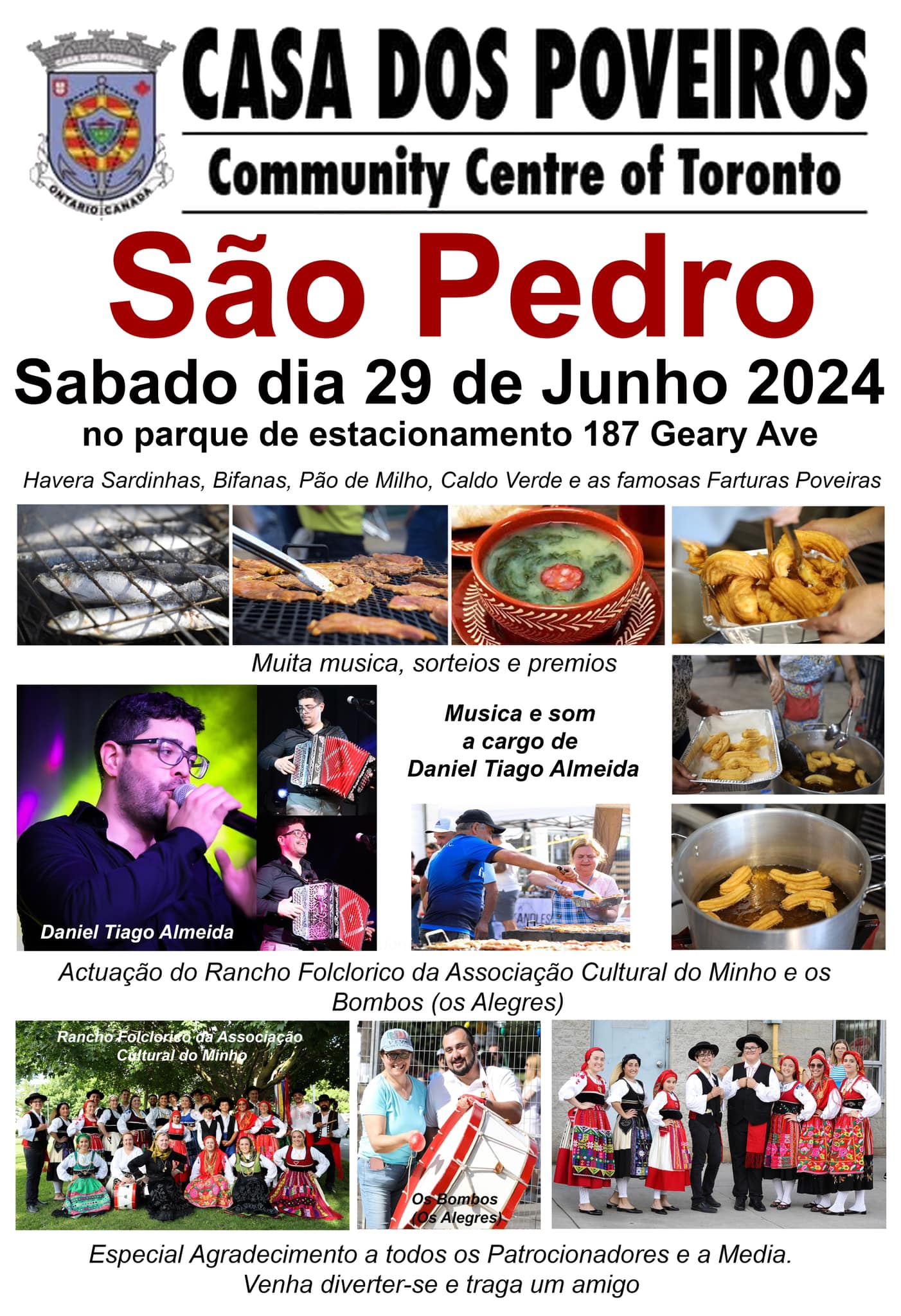 Festa de São Pedro event poster by Casa dos Poveiros in Toronto, featuring Portuguese folk music and traditional foods, on June 29, 2024.