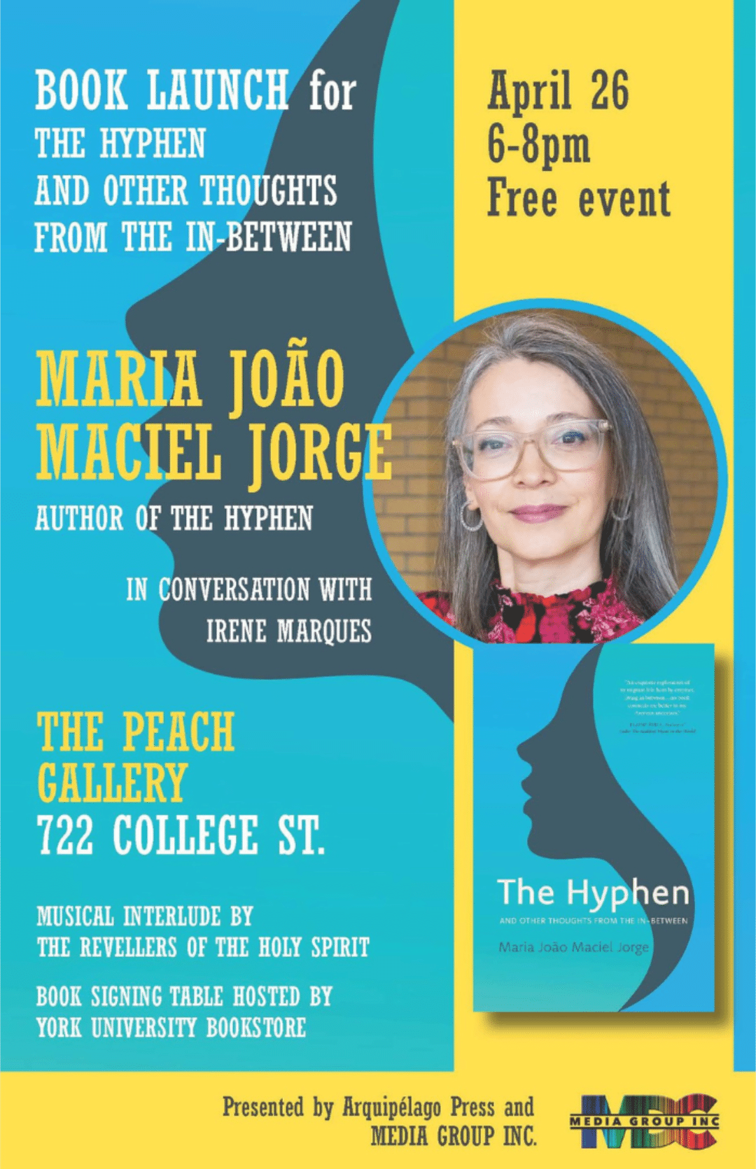 Book launch event poster for 'The Hyphen and other thoughts from the in-between' by Maria João Maciel Jorge, featuring the author's portrait and event details