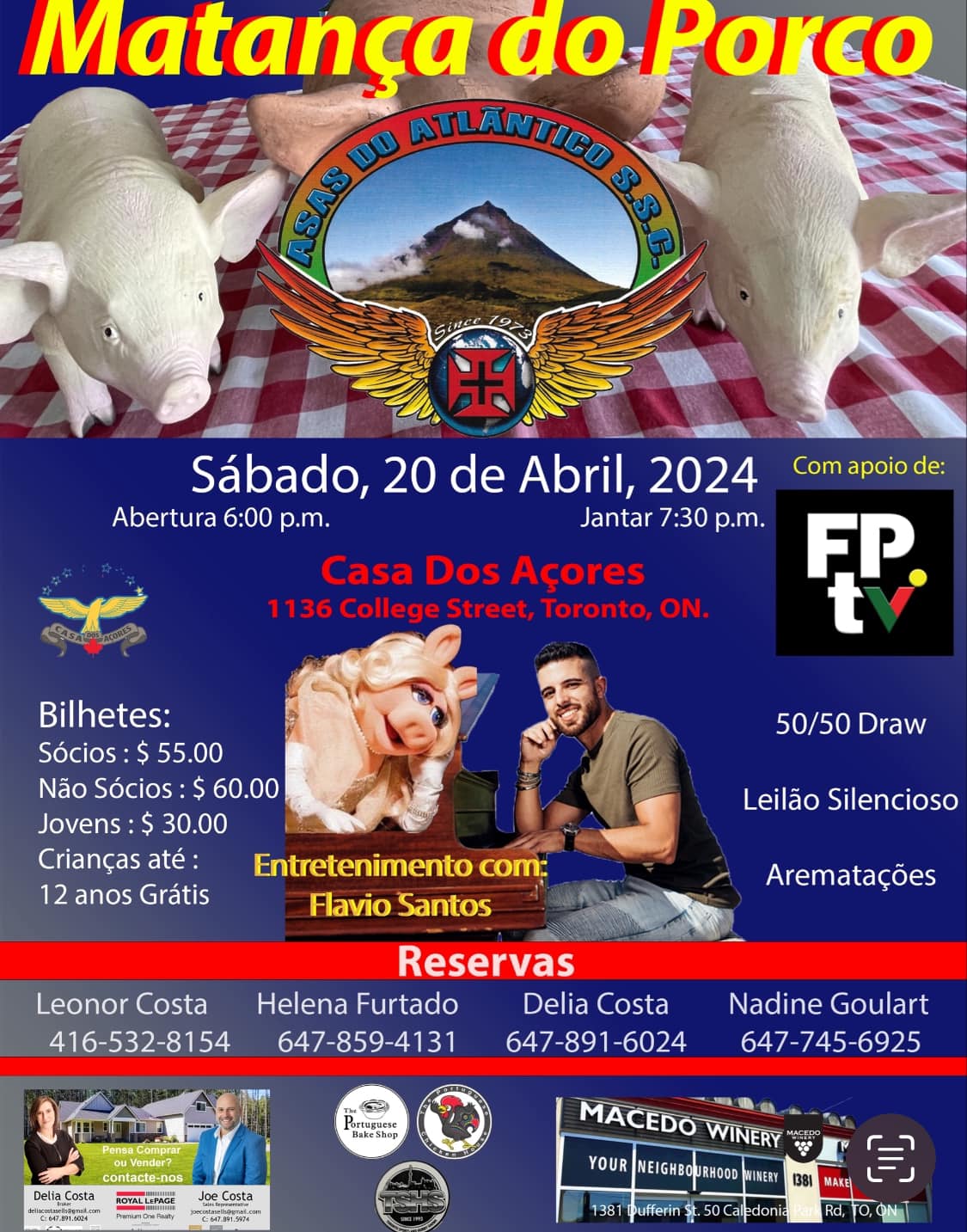 Poster for 'Matança do Porco' event at Casa Dos Açores in Toronto, featuring entertainment by Flavio Santos on April 20, 2024