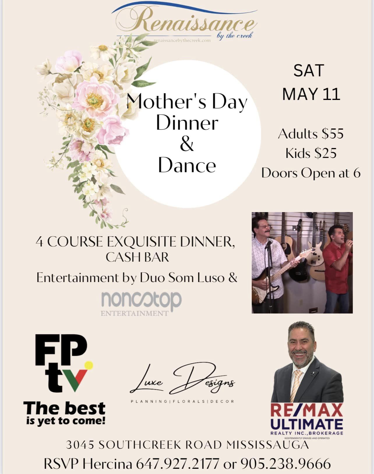 Event poster for Mother’s Day Dance at Renaissance by the Creek, featuring a performance by Jorge Amado.