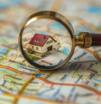 Portuguese real estate agent using a magnifying glass over a map searching for a house.