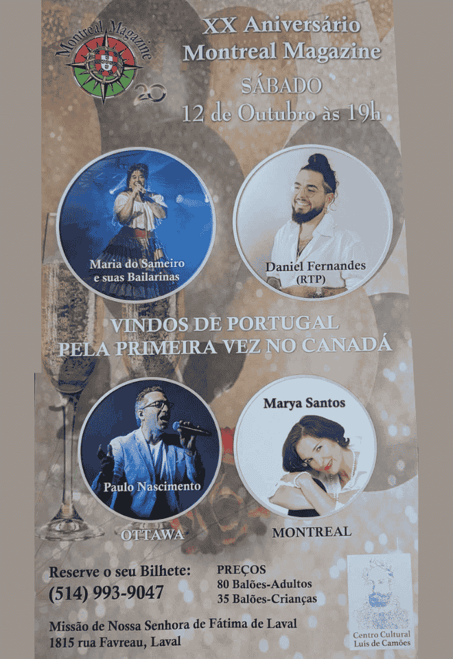 Poster for the 20th Anniversary of Montreal Magazine on October 12, 2024, featuring performances by Maria do Sameiro, Daniel Fernandes, Paulo Nascimento, and Marya Santos.