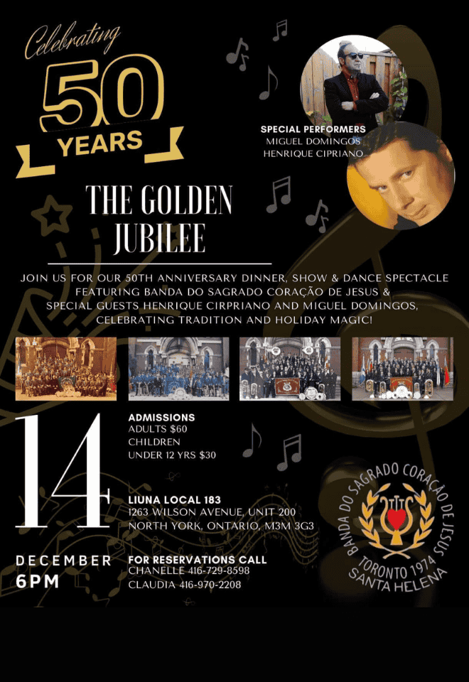 50th Anniversary event flyer for Banda do Sagrado Coração de Jesus, highlighting the golden jubilee celebration with a dinner, show, and dance, featuring special performers Miguel Domingos and Henrique Cipriano