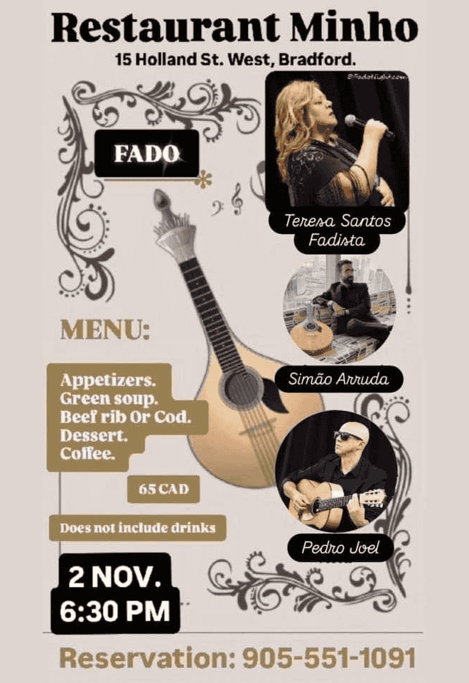 Flyer for Fado Night at Restaurant Minho in Bradford featuring Teresa Santos, Simão Arruda, and Pedro Joel. Event on November 2, 2024, at 6:30 PM.