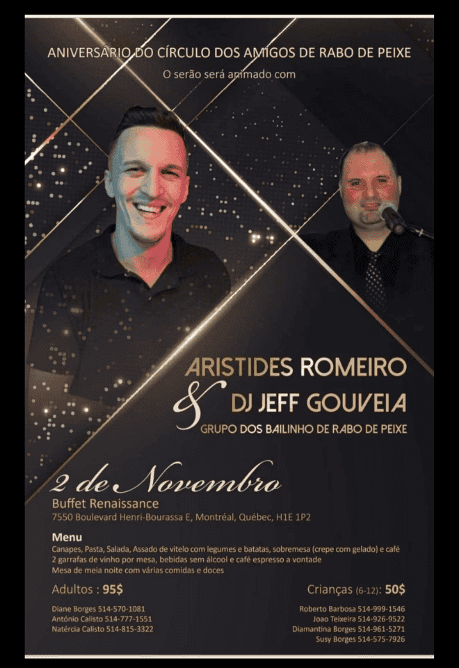 Poster for Aniversário do Círculo dos Amigos de Rabo de Peixe event in Montréal featuring Aristides Romeiro and DJ Jeff Gouveia on November 2, 2024.