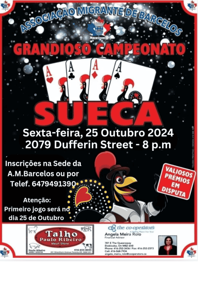 Poster for the Campeonato de Sueca organized by Associação Migrante de Barcelos on October 25, 2024, at 2079 Dufferin Street, Toronto."