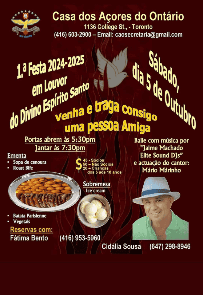 Casa dos Açores do Ontário event flyer promoting the 1st Festa 2024-2025 in honor of the Holy Spirit with dinner, live music, and guest performance on October 5, 2024.