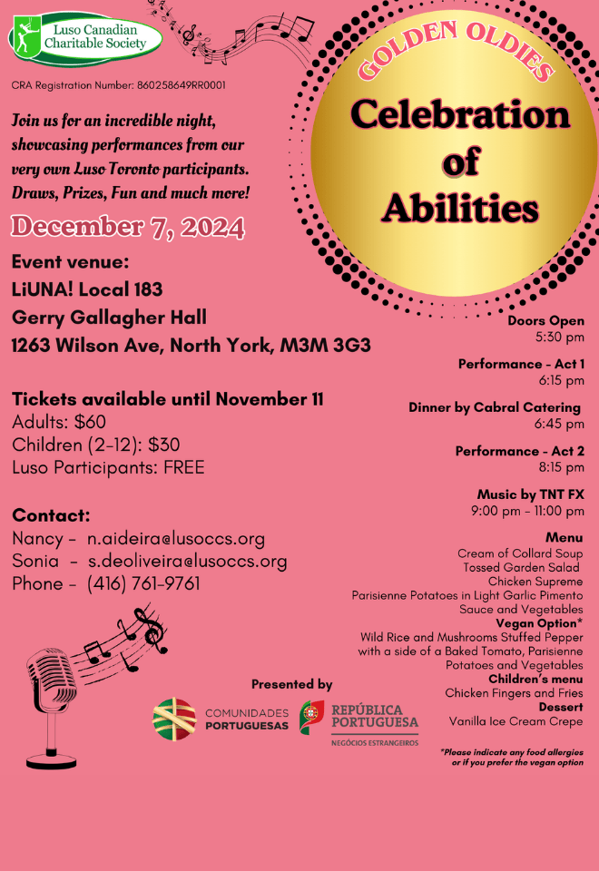 Golden Oldies Celebration of Abilities event poster for December 7, 2024, organized by Luso Canadian Charitable Society at Gerry Gallagher Hall, North York.