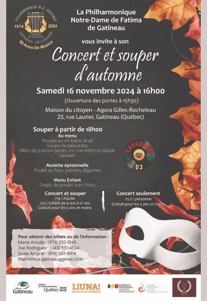 Affiche du Concert et Souper d'Automne organisé par la Philharmonique Notre-Dame de Fatima de Gatineau le 16 novembre 2024 à la Maison du Citoyen.