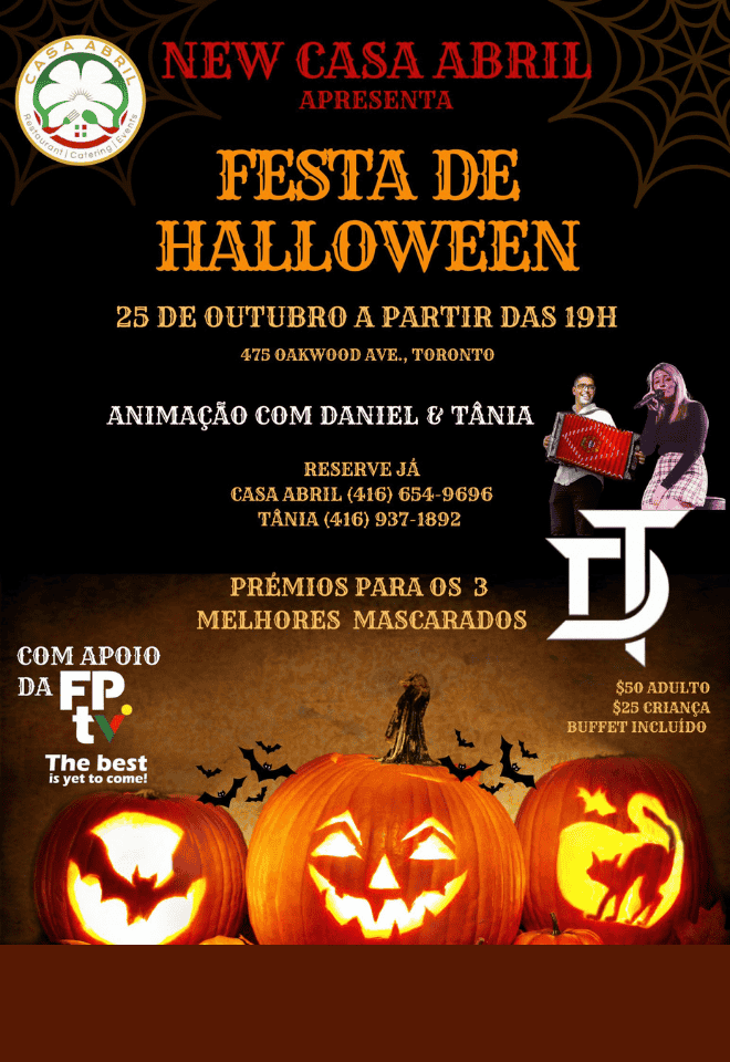 Alt Text: Halloween party at New Casa Abril with entertainment by Daniel & Tania and prizes for the best costume.