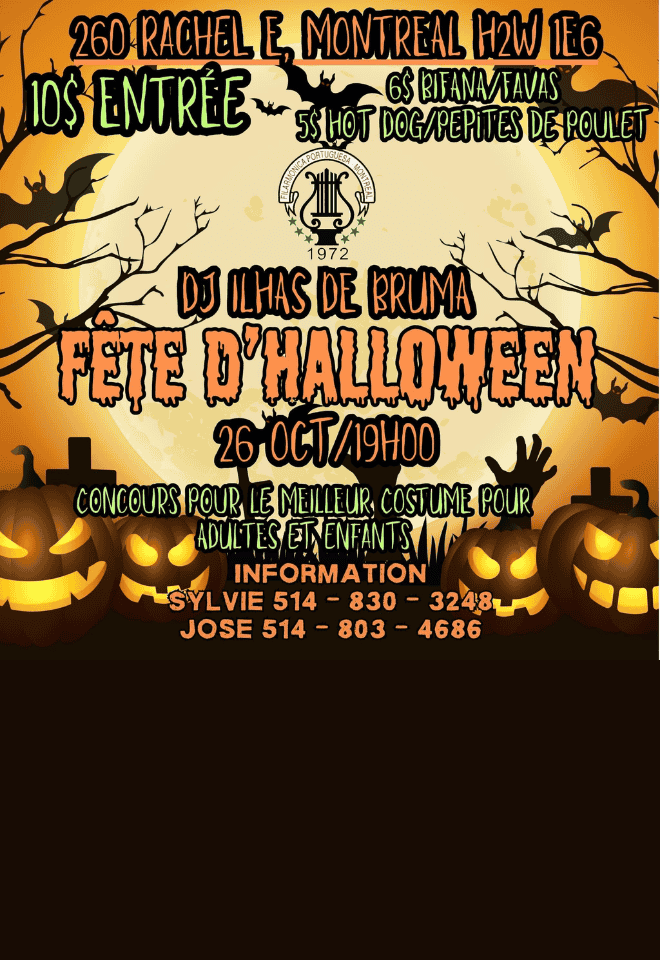 Fête d'Halloween event poster hosted by Filarmonica Portuguesa Montreal with details about costume contest, DJ Ilhas de Bruma, and food offerings on October 26th.