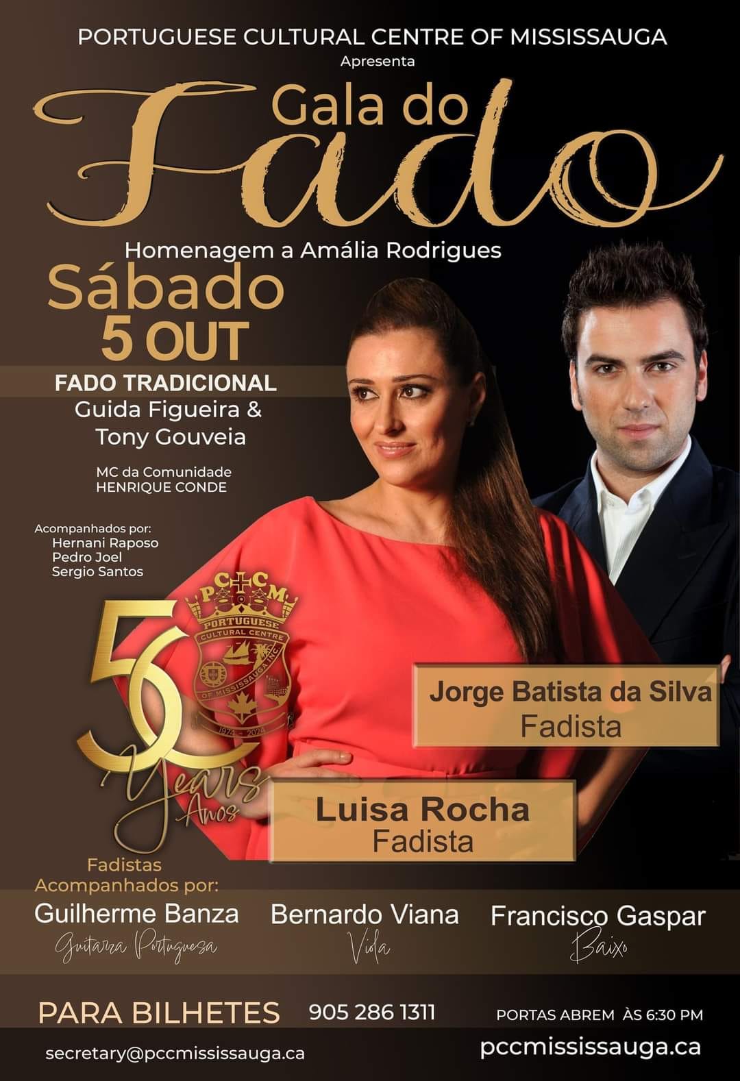 Gala do Fado event flyer by Portuguese Cultural Centre of Mississauga, honoring Amália Rodrigues with traditional Fado performances on October 5, 2024.