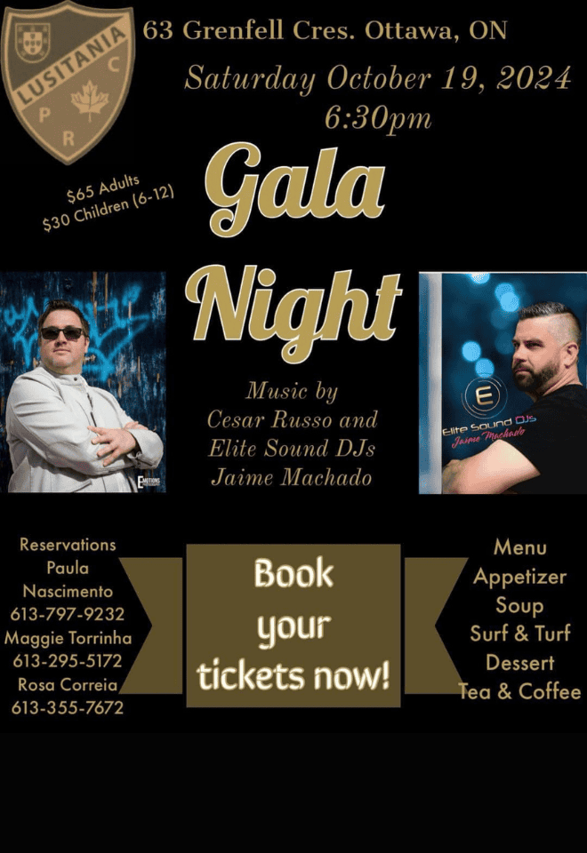 Poster for Gala Night at Lusitania PRC in Ottawa on October 19, 2024, featuring music by Cesar Russo and Elite Sound DJs Jaime Machado.