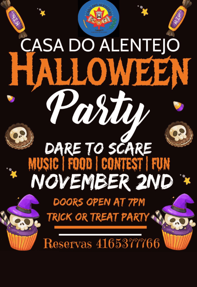 Halloween party at Casa do Alentejo with music, food, and a contest.