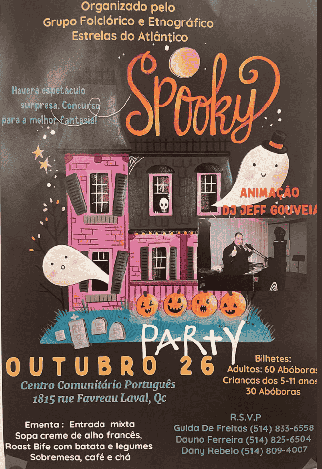 Poster for the Spooky Party organized by Grupo Folclórico e Etnográfico Estrelas do Atlântico on October 26, 2024, in Laval, featuring DJ Jeff Gouveia and a costume contest.