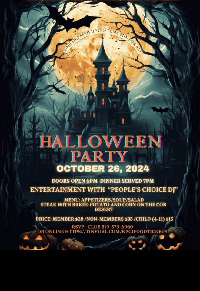 Halloween party at Kitchener Portuguese Club on October 26th with DJ entertainment, steak dinner, and costume contest.