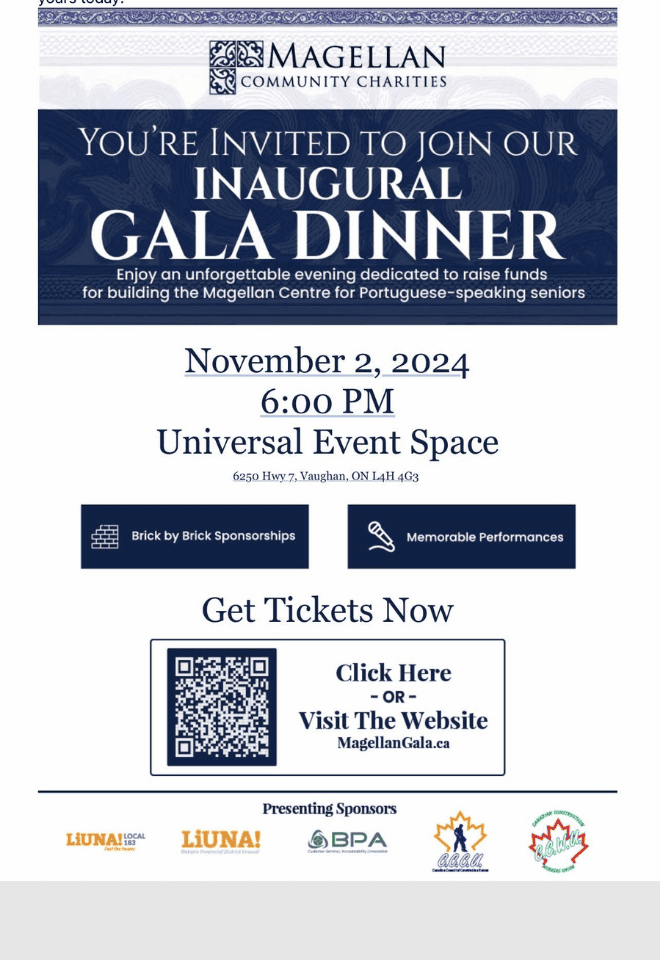 Magellan Community Charities Inaugural Gala Dinner, November 2, 2024, 6:00 PM at Universal Event Space in Vaughan, Ontario.