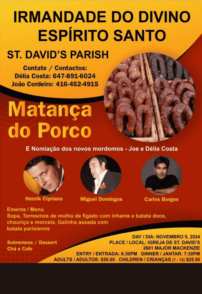 Matança do Porco event by Irmandade do Divino Espírito Santo at St. David’s Parish with traditional Portuguese food and live music.