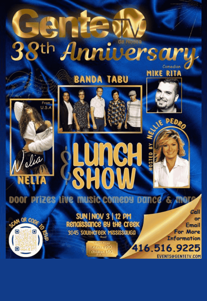 Poster for GenteTV’s 38th Anniversary Lunch & Show event featuring Banda Tabu, comedian Mike Rita, and singer Nelia from the USA. Hosted by Nellie Pedro.