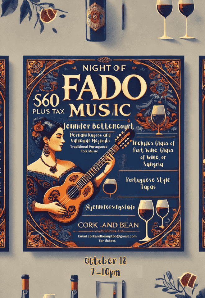 Poster for Night of Fado Music on October 18th in Peterborough featuring Jennifer Bettencourt, Hernani Raposo, and Valdemar Mejdoubi with Portuguese tapas and wine.