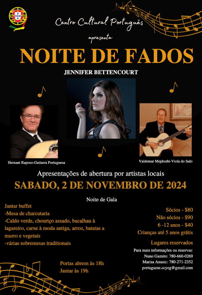 Poster for Noite de Fados on November 2, 2024, featuring Jennifer Bettencourt at Centro Cultural Português in Edmonton.