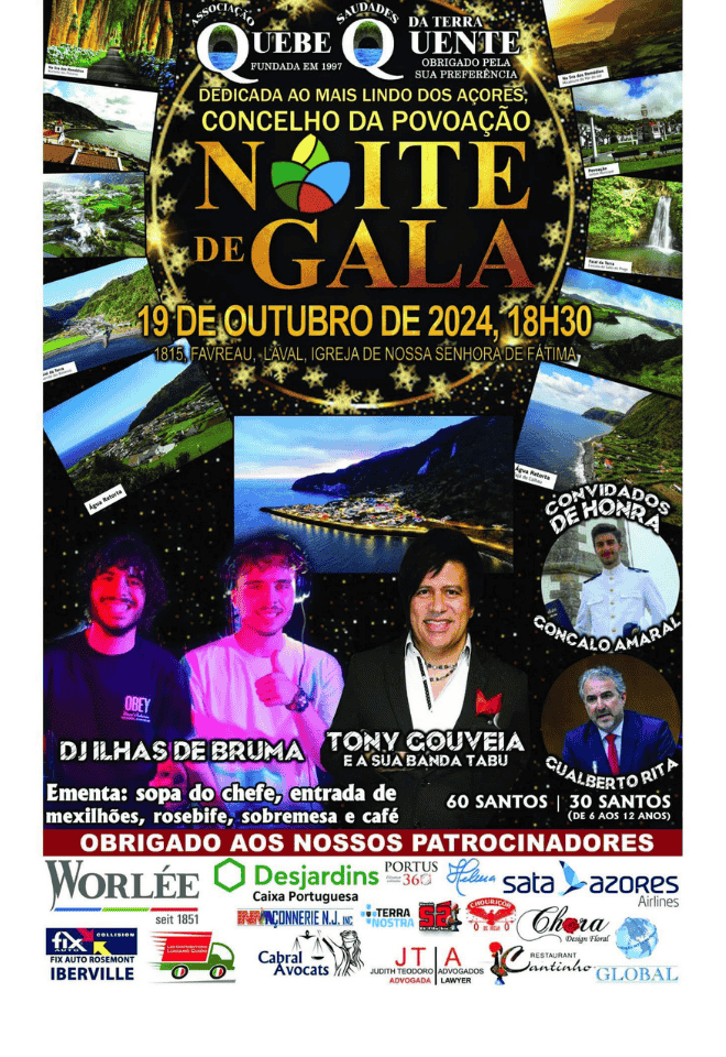 Poster for Noite de Gala hosted by Associação Saudades da Terra Quebequente on October 19, 2024, featuring DJ Ilhas de Bruma, Tony Gouveia, and special guests.