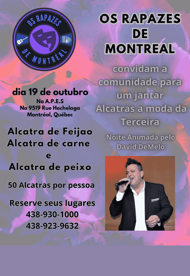 Poster for Os Rapazes de Montreal's Jantar Alcatras à Moda da Terceira on October 19, 2024, featuring David DeMelo at A.P.E.S., Montreal.