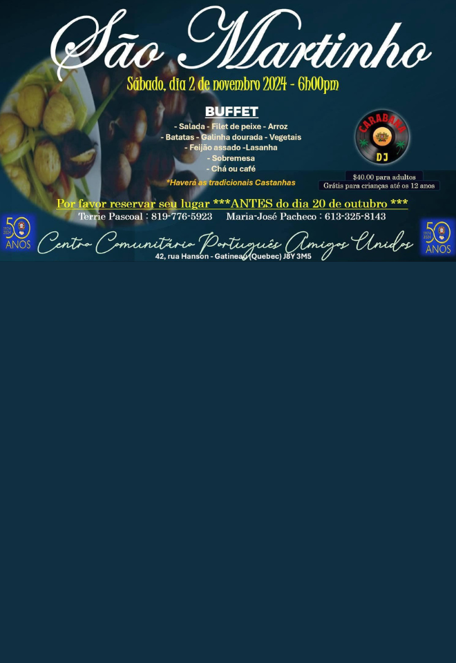 Poster for the São Martinho event at Centro Comunitário Português Amigos Unidos on November 2, 2024, featuring a buffet and traditional roasted chestnuts.