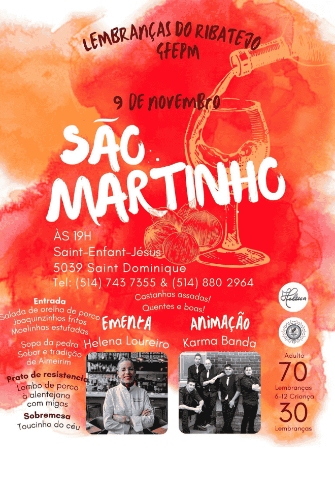 Affiche de l'événement São Martinho organisé par Lembranças do Ribatejo le 9 novembre 2024, avec Helena Loureiro et Karma Banda à Montréal.