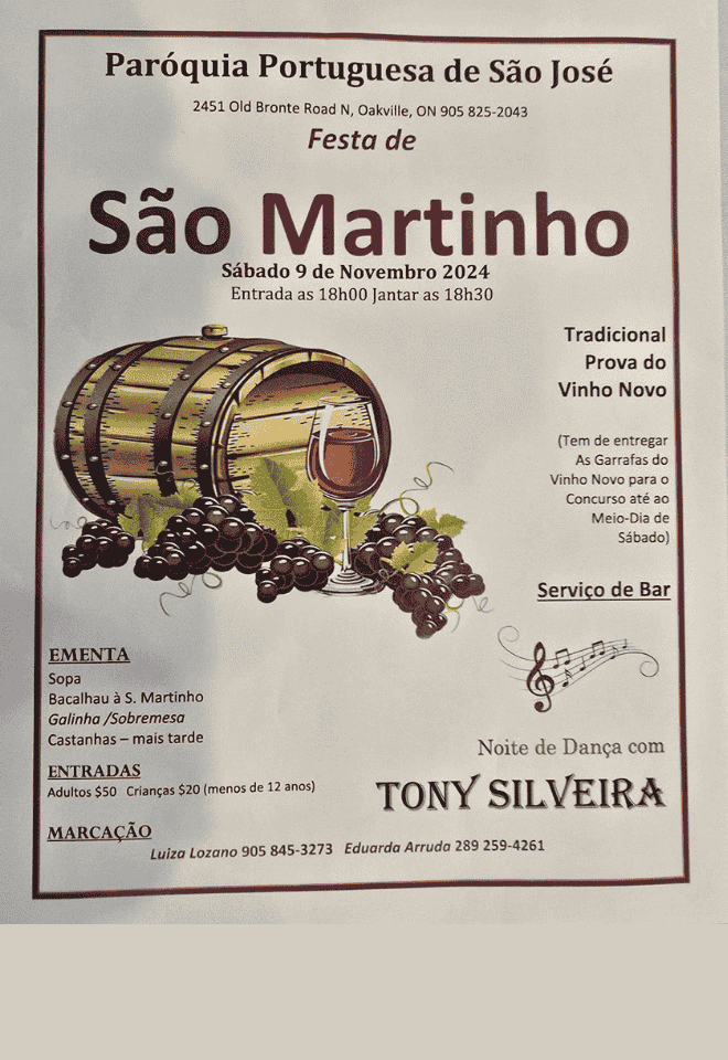 Poster for Festa de São Martinho at Paróquia Portuguesa de São José in Oakville featuring wine barrel, grapes, and event details in Portuguese.