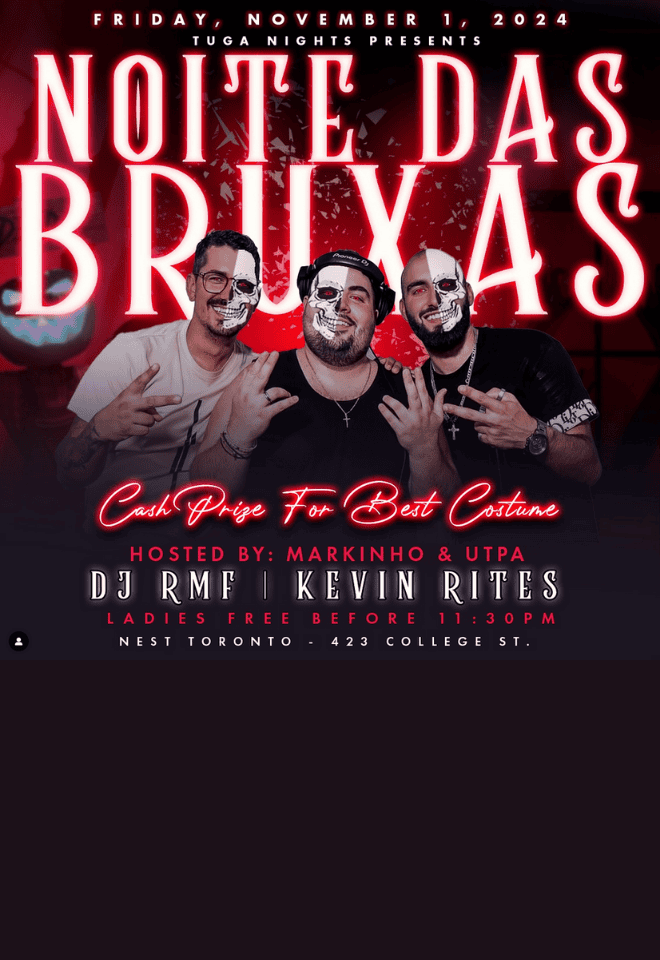 Noite das Bruxas Halloween party hosted by Tuga Nights with DJs RMF and Kevin Rites, November 1st, 2024 in Toronto.